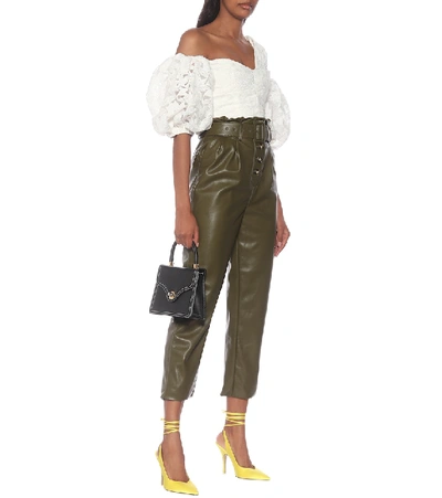 Shop Self-portrait High-rise Faux-leather Straight Pants In Green