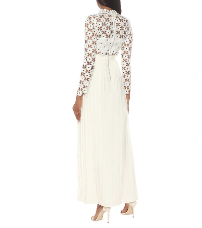 Shop Self-portrait Daisy Pleated Guipure-lace Gown In White