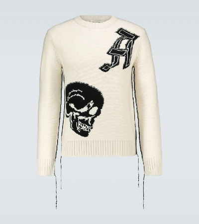 Shop Alexander Mcqueen Wool Jacquard Patched Skull Sweater In Neutrals