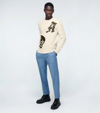 Shop Alexander Mcqueen Wool Jacquard Patched Skull Sweater In Neutrals