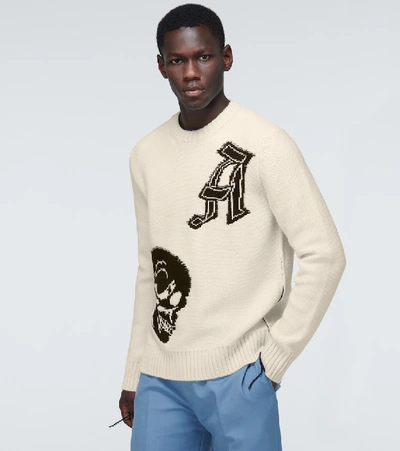 Shop Alexander Mcqueen Wool Jacquard Patched Skull Sweater In Neutrals