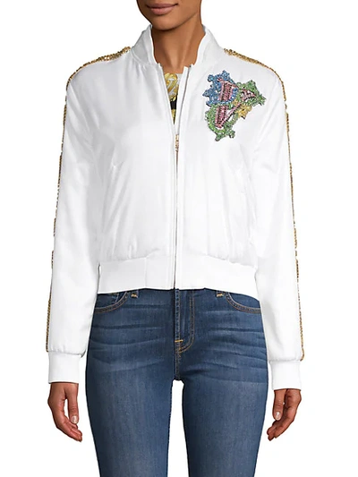 Shop Versace Embellished Silk Bomber In Optical White
