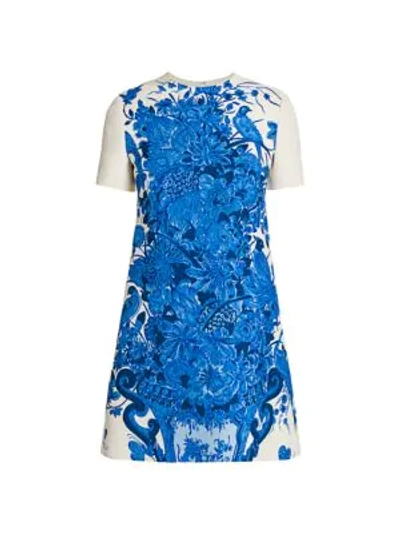 Shop Valentino Printed Wool & Silk Shift Dress In Avorio Blue