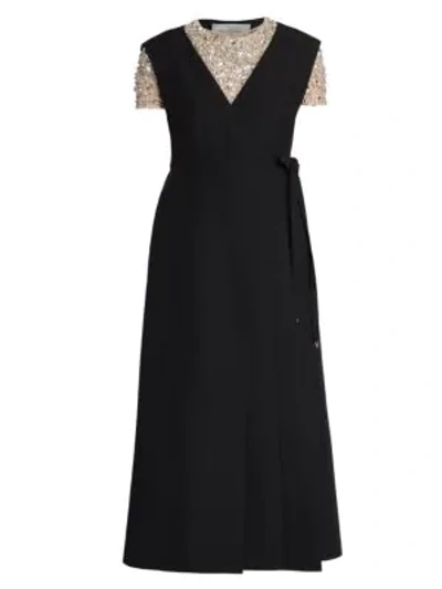 Shop Valentino Wool & Silk Apron Wrap Dress In Nero