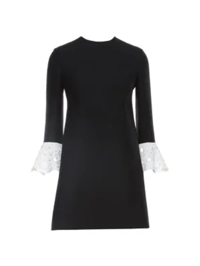 Shop Valentino Embroidered Cuff Wool & Silk Dress In Nero Bianco