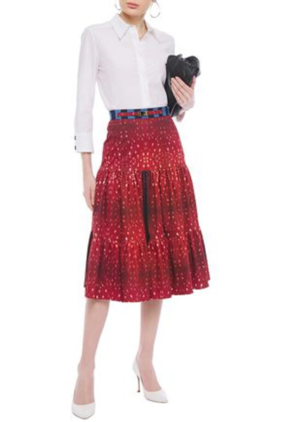 Shop Stella Jean Tiered Printed Cotton-blend Midi Skirt In Merlot
