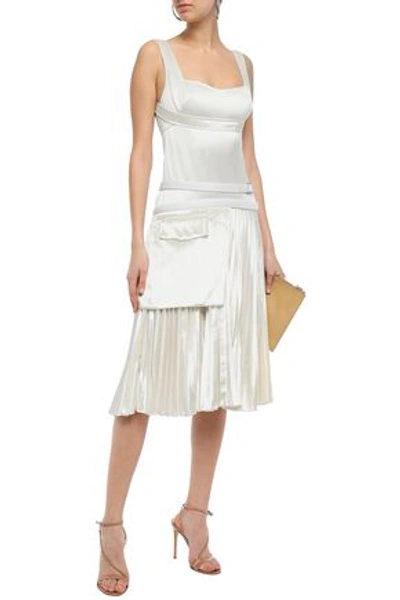 Shop Victoria Beckham Paneled Pleated Satin-crepe And Velvet Dress In Ivory