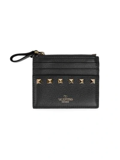 Shop Valentino Rockstud Leather Zip Card Case In Black