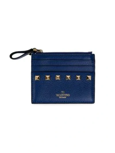 Shop Valentino Garavani Rockstud Leather Zip Card Case In Blue Royal