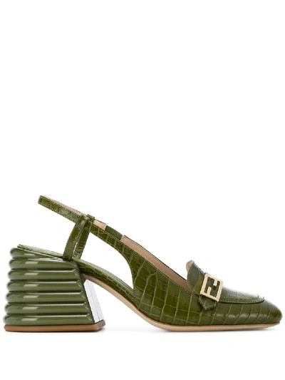 Shop Fendi Promenade Crocodile-embossed Slingback Loafers In Green