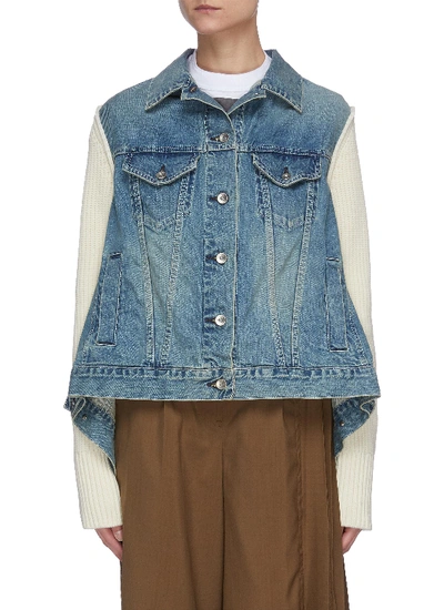 Shop Sacai Knit Sleeve Panelled Denim Jacket In Blue