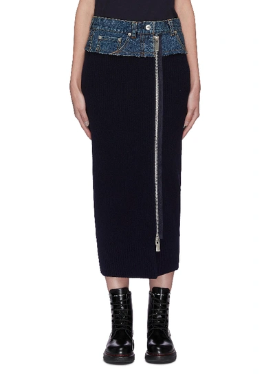 Shop Sacai Denim Waist Panelled Zip Pencil Skirt In Blue