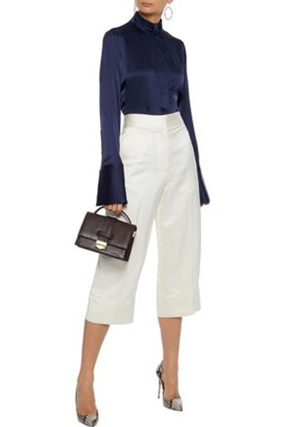 Shop Victoria Beckham Cropped Silk-blend Satin Wide-leg Pants In Off-white