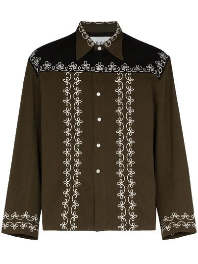 Shop Bode Fellow Embroidered Cotton Shirt Jacket In Brown