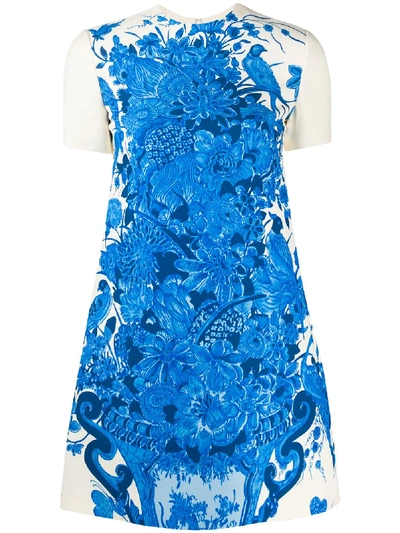 Shop Valentino Floral Print Short-sleeve Dress In Neutrals