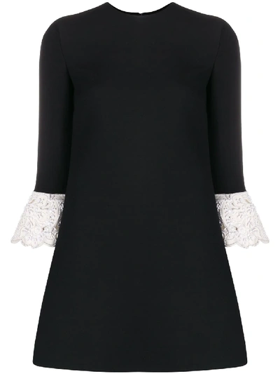 Shop Valentino Contrasting Lace Sleeves Mini Dress In Black
