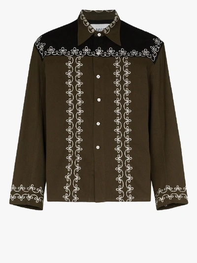 Shop Bode Fellow Embroidered Cotton Shirt Jacket In Brown