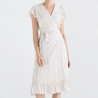 Shop Paisie Brighton Striped Wrap Dress In Beige & White