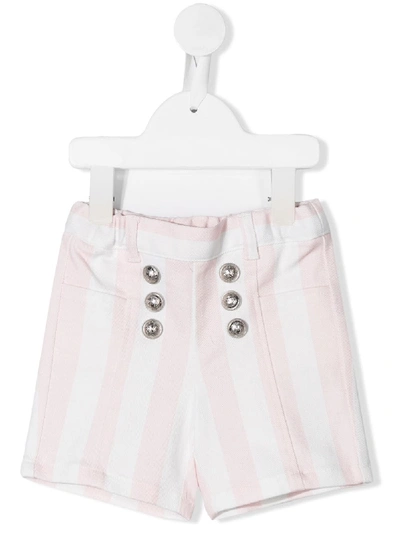 Shop Balmain Button-embellished Striped Shorts In Pink