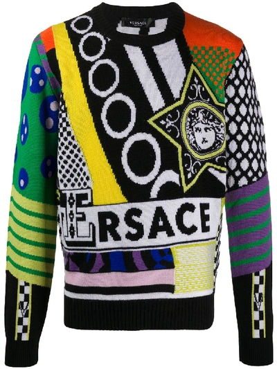 Shop Versace Intarsia-knit Logo-detail Jumper In Black