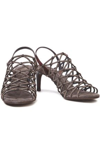 Shop Brunello Cucinelli Bead-embellished Leather Slingback Sandals In Chocolate