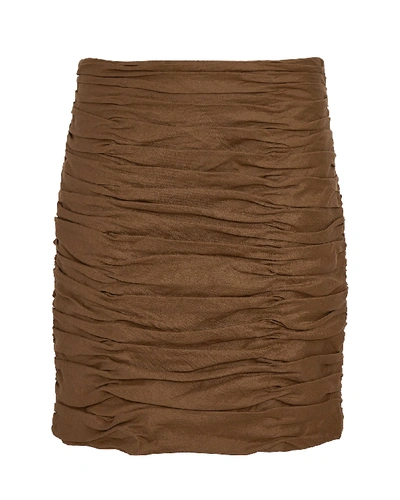 Shop Aiifos Ruby Ruched Linen Mini Skirt In Brown