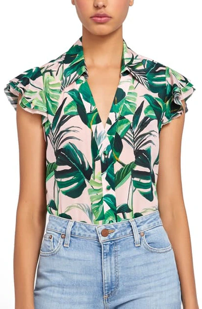 Shop Alice And Olivia Randa Palm Print Ruffle Sleeve Silk Blouse