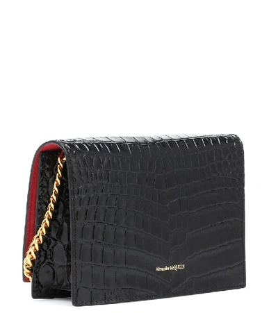 Alexander Mcqueen Skull Small Embossed Croc Leather Crossbody Bag In Black