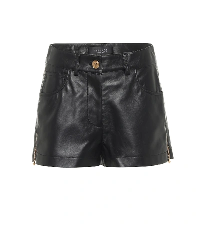 Shop Versace Leather Shorts In Black