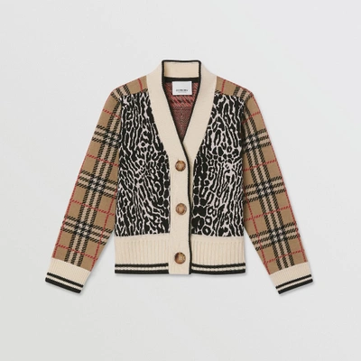 Shop Burberry Check And Leopard Merino Wool Jacquard Cardigan In Leopard Print