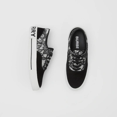 Shop Burberry Lace And Leather Sneakers In Black/white