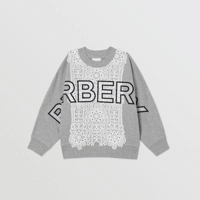 Shop Burberry Logo Embroidered Lace Panel Cotton Sweatshirt In Grey Melange