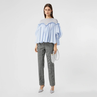 Shop Burberry Puff-sleeve Striped Cotton And Jersey Blouse In Pale Blue
