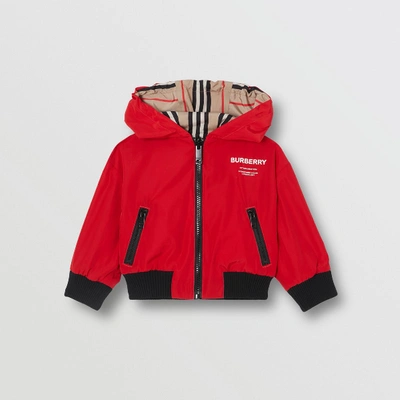 Shop Burberry Reversible Icon Stripe Lightweight Hooded Jacket In Bright Red