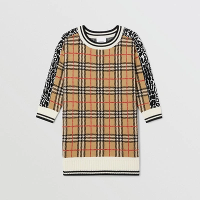 Shop Burberry Check And Leopard Merino Wool Sweater Dress In Leopard Print