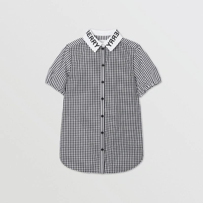 Shop Burberry Logo Print Striped And Gingham Cotton Shirt Dress In Black