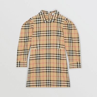 Shop Burberry Puff-sleeve Vintage Check Cotton Dress In Archive Beige