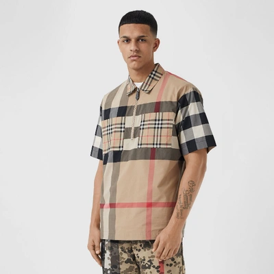 Shop Burberry Short-sleeve Panelled Check Stretch Cotton Shirt In Archive Beige