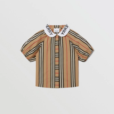 Shop Burberry Logo Print Puff-sleeve Icon Stripe Cotton Blouse