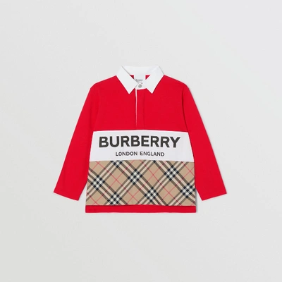 Shop Burberry Long-sleeve Logo Print Vintage Check Panel Polo Shirt In Bright Red