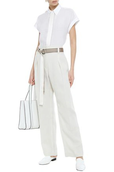 Shop Brunello Cucinelli Belted Bead-embellished Linen-canvas Wide-leg Pants In Ivory