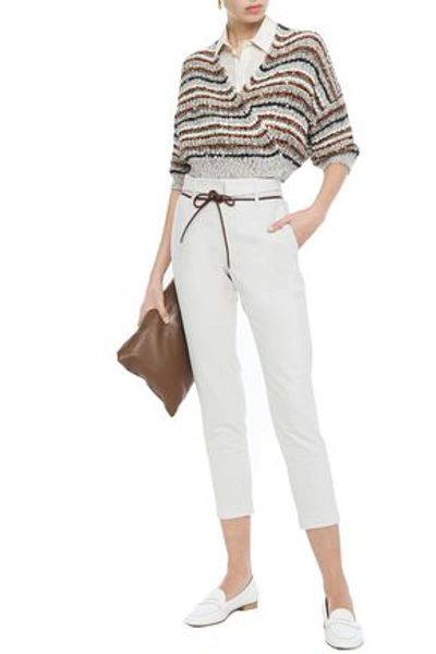 Shop Brunello Cucinelli Cropped Belted Cotton-blend Twill Slim-leg Pants In Ivory