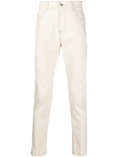 Shop Brunello Cucinelli Lightly Distressed Skinny Jeans In Neutrals