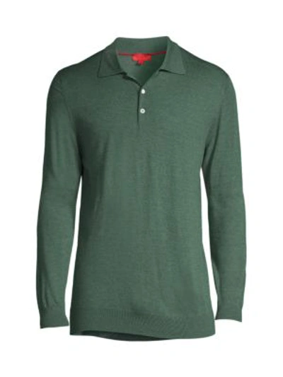 Shop Isaia Long-sleeve Merino Wool Polo In Green