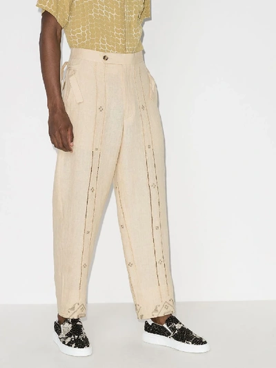 Shop Bode Embroidered-detail Wide-leg Trousers In Neutrals
