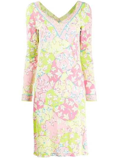 Pre-owned Emilio Pucci Floral Print Long-sleeved Stretch Dress In Green