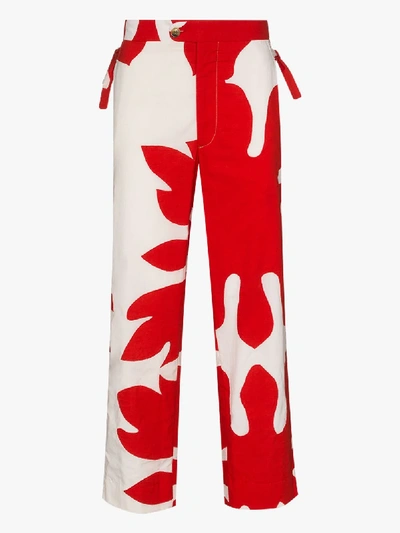 Shop Bode Cutout Appliqué Cotton Trousers In Red