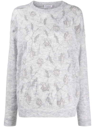 Shop Brunello Cucinelli Floral Embroidery Knitted Jumper In Grey