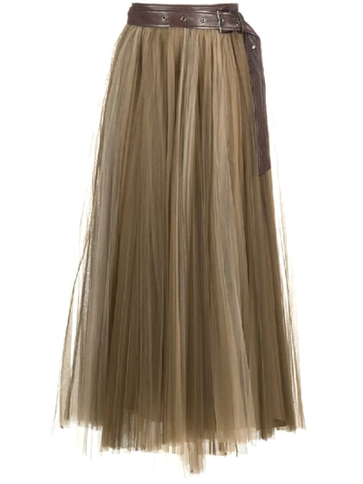 Shop Brunello Cucinelli Pleated Tulle-overlay Skirt In Brown