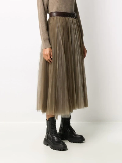 Shop Brunello Cucinelli Pleated Tulle-overlay Skirt In Brown